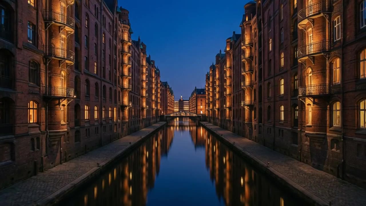 Blick auf die Speicherstadt Hamburg mit beleuchteten Backsteinfassaden und ihrem Spiegelbild im Fleet zur blauen Stunde.